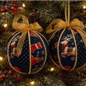 Handmade European Christmas Ornaments Gold Ribbon Red Blue LOT TWO SHIPS FAST